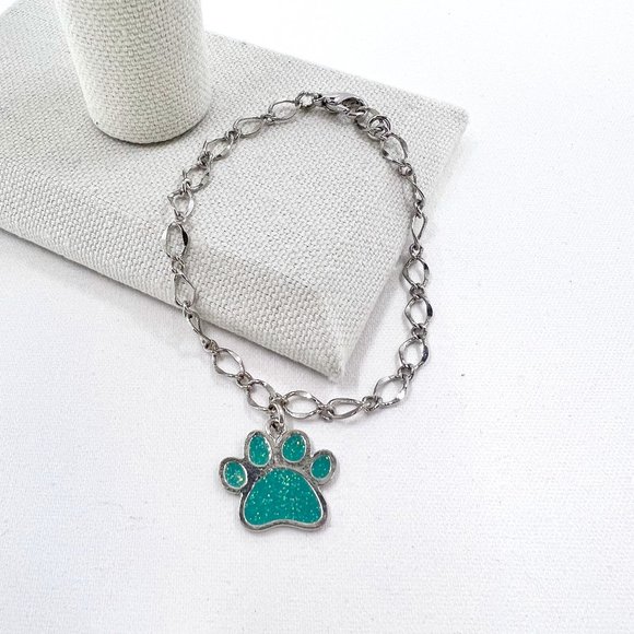 Turquoise Paw Charm Silver Tone 7” Bracelet - Picture 1 of 4